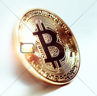 Bitcoin coin photo close-up. Crypto currency, blockchain technology