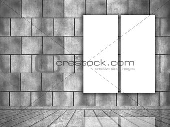 3D grunge interior with blank canvases hanging on the wall