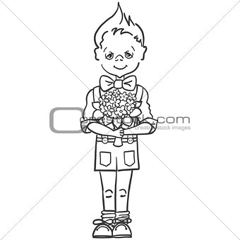 monochrome picture of a little boy who wants to give a bouquet of flowers to his teacher at school, to mam, to girl