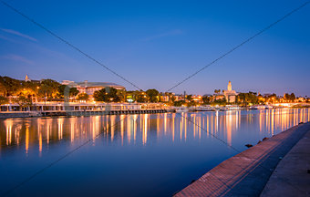 Blue hour view of Seville from Triana quarter.
