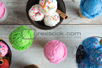 Different flavors ice cream bowl top view