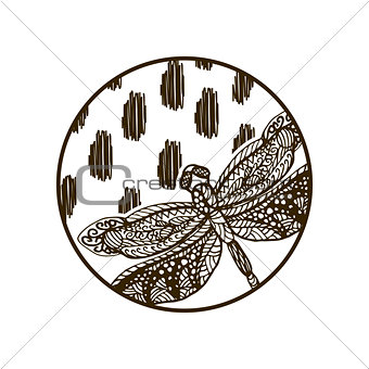 Dragonfly hand drawn silhouette round plate design.
