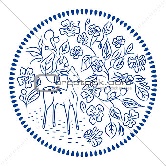 Flowers and deer plate round vector design.