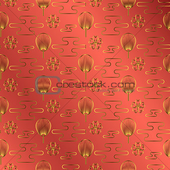 Japan fan gold on red jewel color background.