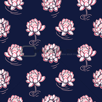 Lotus pink on dark blue vector seamless pattern.