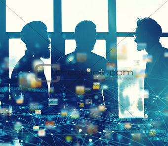 Businessmen that work together in office with network connection effect. Concept of teamwork and partnership. double exposure