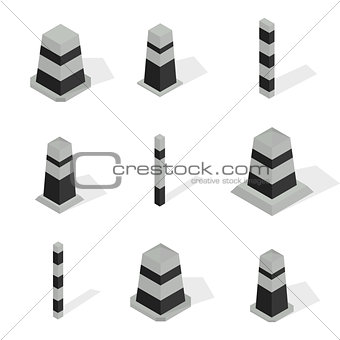Set of protective barriers and road columns in 3D, vector illustration.