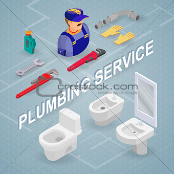 Plumbing service. Isometric interior repairs concept.