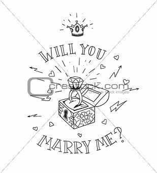 Dead man chest whit a wedding rind with diamond and shiny crown. Will you marry me design in traditional tattoo style. Vector illustration.