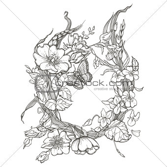 Wild dog rose flowers frame contour ink adult coloring page drawing vector clipart on white background.
