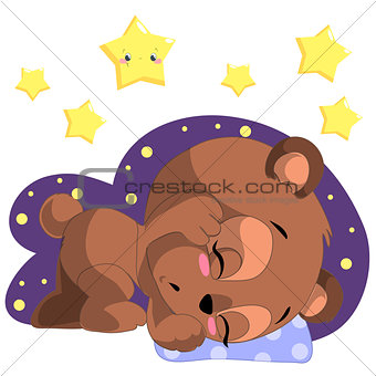 Sleeping cartoon bear clipart vector with moon and stars