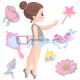 Vector illustration of little ballerina and other related items magic wand, star, glitters, flower of rose, mirror, crown, tiara.