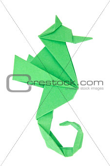 Green seahorse (Hippocampus) of origami.
