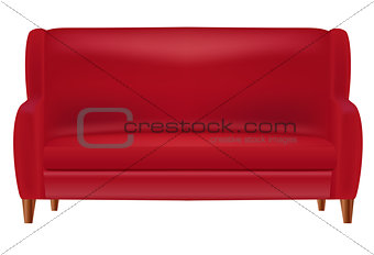 Realistic Red Sofa  Front View Isolated on White Background Vector Illustration