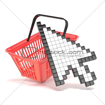 Shopping basket and pointing arrow cursor. Internet commerce con