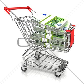 Money, euro cash banknote, in trolley shopping cart. 3D