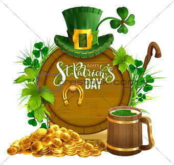 St. Patrick's day party text greeting card. Gold coins, wooden barrel and mug beer, gold horseshoe, hat and leaves clover