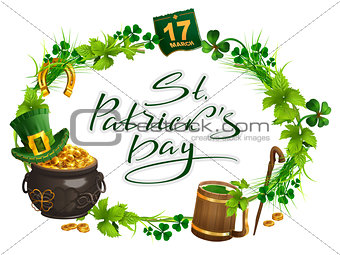 Patricks Day accessories pot gold, beer mug, clover leaf, March 17, wreath grass