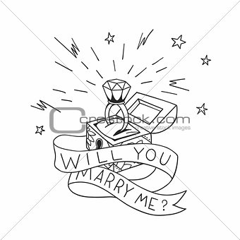 Dead man chest whit a wedding rind with diamond and shiny crown. Will you marry me design in traditional tattoo style. Vector illustration.