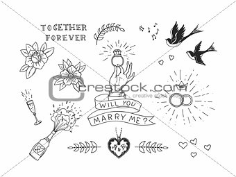 Set of hand drawn traditional tattoo elements. Vintage vector design for stickers ar prints.