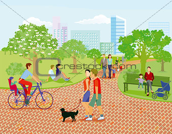 Families and parents relax in the park, illustration