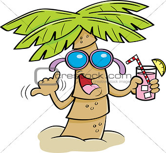 Cartoon Palm Tree Wearing Sunglasses and Holding a Drink