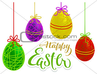 Happy Easter hand written calligraphy text for greeting card and colored eggs
