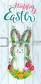 Happy Easter wreath rabbit. Hand written calligraphy text greeting card