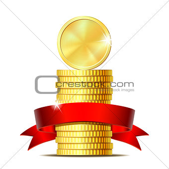 Stack of coins with red ribbon.