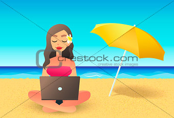 Young woman using laptop computer on a beach. Freelance work concept. Cartoon flat girl working near the ocean. Freelancer working on vacation