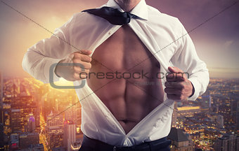 Businessman like a super hero. Concept of determination and success
