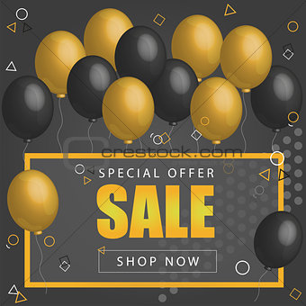 Sale Poster with shiny balloons on dark Background with golden, glitter frame