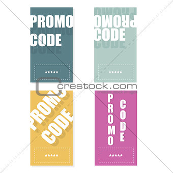 Promo code, coupon. Flat vector set of cards design on white background.