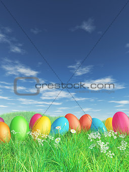 3D Easter eggs in grass and daisy landscape