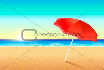Beautiful vector beach. Sunset or dawn on the coast of the sea. A red umbrella stands in the sand. The sun sets over the ocean. Background for the flyer, leaflets, invitations to the beach party. Summer backdrop for banner.