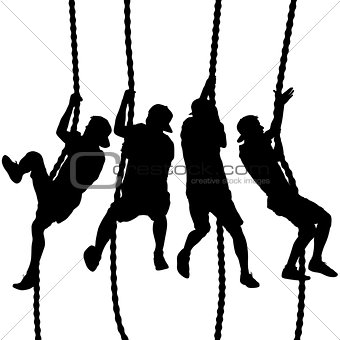 Black set silhouette Mountain climber climbing a tightrope up on hands