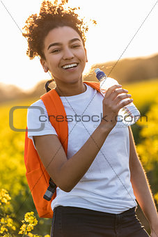 Mixed Race African American Girl Teenager Hiking Drinking Water 