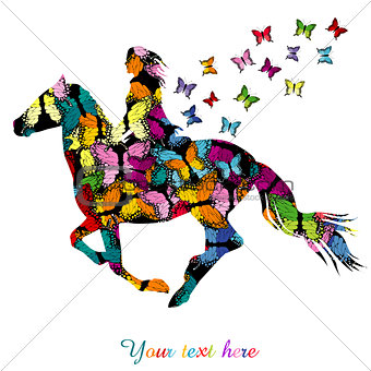 Abstract woman riding a horse and butterflies flying