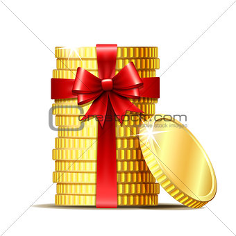Stack of coins with red ribbon and gift bow.