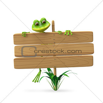 3D Illustration Frog with Wooden Plaque