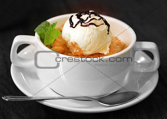 Macro photo of delicious pie with ice cream