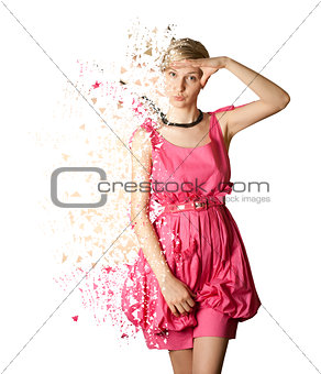 Woman in pink dress isolated on white background