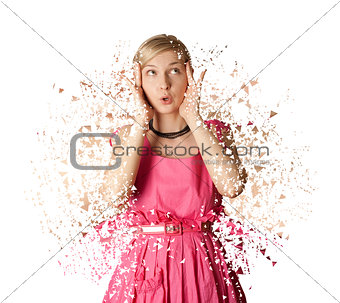 Woman in pink dress isolated on white background