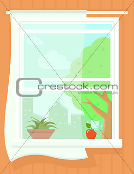 open window with summer landscape. succulent plant on pot, apple on windowsill