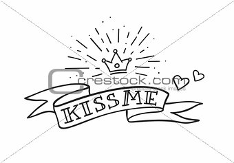 Traditional tattoo design with ribbon, hearts and crown. Kiss me fancy quote. Vector illustration.