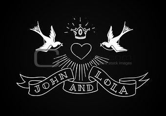 Two swallow birds with heart and crown in tattoo style. Vintage american rebel wedding design. Vector illustration.