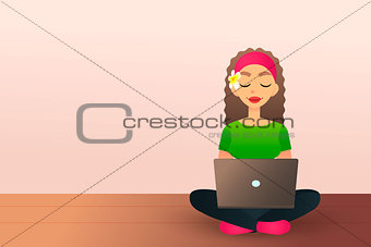 Cute creative girl sits on the wooden floor and studies with laptop. Beautiful cartoon girl using notebook. Female blogger concept. Flat lady working on laptop. Workplace. Fashion blog.