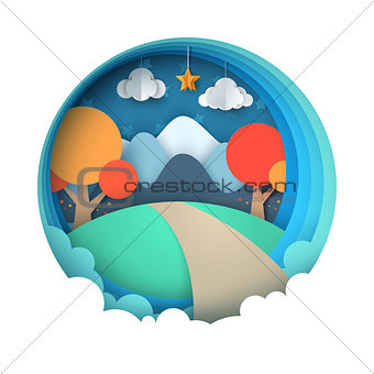 Cartoon paper landscape. Mountain, tree, cloud, star.