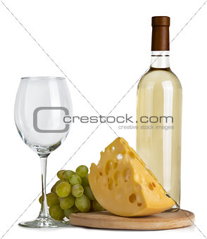White wine, cheese, grapes, glass