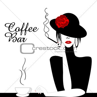 Coffee Bar Illustration with woman smoking cigarette 